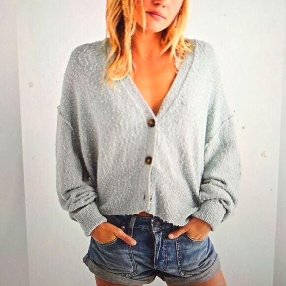 Free People Found my Friend Blue boucle Cardigan size small - Picture 1 of 8